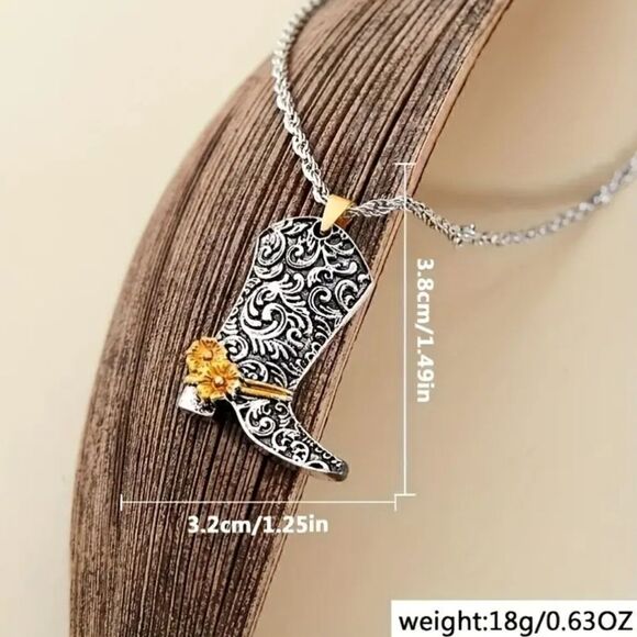 Silver Carved Flower Cowboy Boot Pendant Necklace Fashion Accessories - Picture 4 of 8